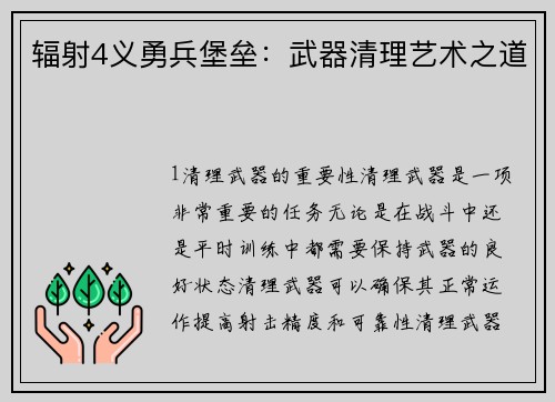 辐射4义勇兵堡垒：武器清理艺术之道